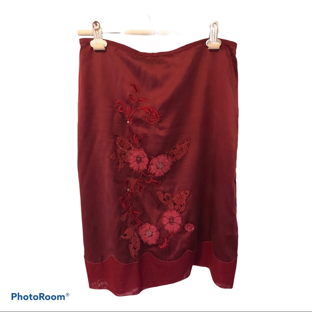 Beth Bowles Anthropologie Red Silk Appliqué Skirt